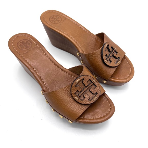 Tory Burch Patti Wedge Slide Sandals Brown Leather Embossed Logo Studded Women 8 - Picture 12 of 16
